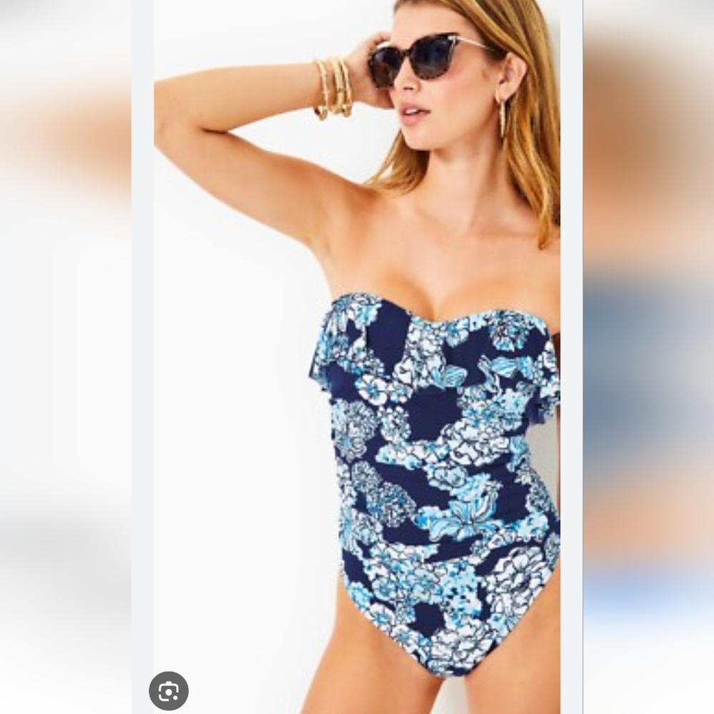 Lilly Pulitzer Rubyann One Piece Swimsuit Low‎ Tide Navy Ruffle Floral. Sz 4/sm